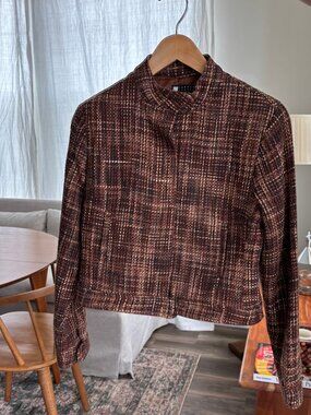 90s Vintage Carole Little Silk Tweed Mock Neck Crop Jacket Brown Petite Small